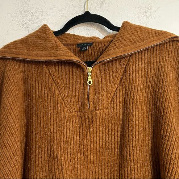 Ann Taylor Ribbed Zip Oversized Poncho Sweater Size XS/Small Caramel Cozy - Picture 3 of 8